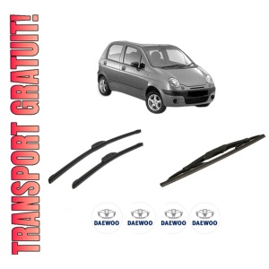 Set 3 stergatoare DAEWOO MATIZ (M100, M150) din 1998-2003, pentru parbriz si luneta fata si spate auto, Bosch Twin-Aerotwin Retrofit, din cauciuc siliconat rezistent, 4 Stickere Auto DAEWOO
