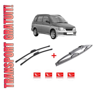 Set 3 stergatoare DAIHATSU GRAN MOVE (G3) din 1996 - 2002, pentru parbriz si luneta fata si spate auto, Bosch Twin, din cauciuc siliconat rezistent, 4 Stickere Auto DAIHATSU