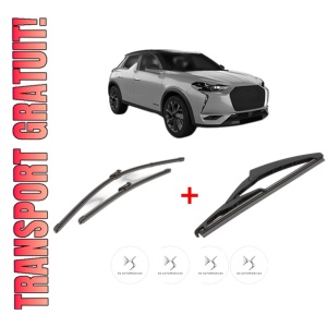 Set 3 stergatoare DS DS 3 / DS 3 CROSSBACK (UR_, UC_, UJ_) din 2019 - 2022, pentru parbriz si luneta fata si spate auto, Valeo Silencio, din cauciuc siliconat rezistent, 4 Stickere Auto DS