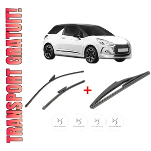 Set 3 stergatoare DS DS 3 (SA_) din 2015 - 2019, pentru parbriz si luneta fata si spate auto, Valeo Silencio, din cauciuc siliconat rezistent, 4 Stickere Auto DS