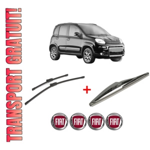 Set 3 stergatoare FIAT PANDA VAN (312_, 519_) din 2012, pentru parbriz si luneta fata si spate auto, Bosch Twin, din cauciuc siliconat rezistent, 4 Stickere Auto FIAT