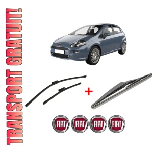 Set 3 stergatoare FIAT PUNTO Hatchback Van (199_) din 2008, pentru parbriz si luneta fata si spate auto, Bosch Twin, din cauciuc siliconat rezistent, 4 Stickere Auto FIAT