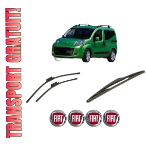 Set 3 stergatoare FIAT QUBO (225_) din 2008-2015, pentru parbriz si luneta fata si spate auto, Bosch Twin-Aerotwin, din cauciuc siliconat rezistent, 4 Stickere Auto FIAT