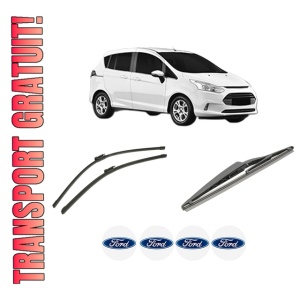 Set 3 stergatoare FORD B-MAX Van (JK) din 2012-2015, pentru parbriz si luneta fata si spate auto, Bosch Twin-Aerotwin, din cauciuc siliconat rezistent, 4 Stickere Auto FORD