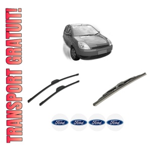 Set 3 stergatoare FORD FIESTA V (JH_, JD_) din 2001-2008, pentru parbriz si luneta fata si spate auto, Bosch Twin-Aerotwin Retrofit, din cauciuc siliconat rezistent, 4 Stickere Auto FORD
