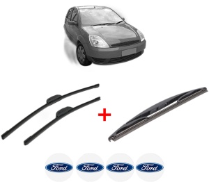 Set 3 stergatoare FORD FIESTA V (JH_, JD_) din 2001 - 2008, pentru parbriz si luneta fata si spate auto, Bosch Twin, din cauciuc siliconat rezistent, 4 Stickere Auto FORD v10709