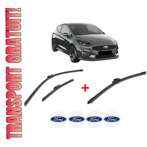 Set 3 stergatoare FORD FIESTA VII (HJ, HF) din 2017 - 2022, pentru parbriz si luneta fata si spate auto, Bosch Aerotwin, din cauciuc siliconat rezistent, 4 Stickere Auto FORD