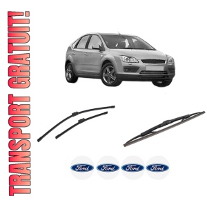 Set 3 stergatoare FORD FOCUS II (DA_, HCP, DP) din 2004-2012, pentru parbriz si luneta fata si spate auto, Bosch Twin-Aerotwin, din cauciuc siliconat rezistent, 4 Stickere Auto FORD