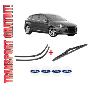 Set 3 stergatoare FORD FOCUS III din 2010 - 2020, pentru parbriz si luneta fata si spate auto, Bosch Twin, din cauciuc siliconat rezistent, 4 Stickere Auto FORD