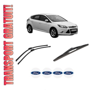 Set 3 stergatoare FORD FOCUS III Hatchback Van din 2011-2020, pentru parbriz si luneta fata si spate auto, Bosch Twin-Aerotwin Multi, din cauciuc siliconat rezistent, 4 Stickere Auto FORD