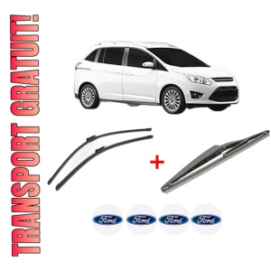 Set 3 stergatoare FORD GRAND C-MAX Van din 2010 - 2019, pentru parbriz si luneta fata si spate auto, Bosch Twin, din cauciuc siliconat rezistent, 4 Stickere Auto FORD