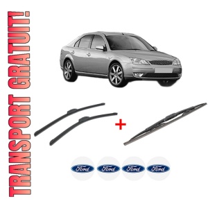 Set 3 stergatoare FORD MONDEO III (B5Y) din 2000 - 2007, pentru parbriz si luneta fata si spate auto, Bosch Twin, din cauciuc siliconat rezistent, 4 Stickere Auto FORD