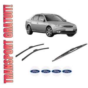Set 3 stergatoare FORD MONDEO III (B5Y) din 2000-2007, pentru parbriz si luneta fata si spate auto, Bosch Twin-Aerotwin Retrofit, din cauciuc siliconat rezistent, 4 Stickere Auto FORD