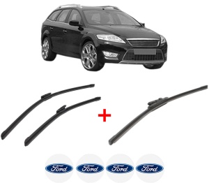Set 3 stergatoare FORD MONDEO IV (BA7) din 2007 - 2015, pentru parbriz si luneta fata si spate auto, Bosch Aerotwin, din cauciuc siliconat rezistent, 4 Stickere Auto FORD v3449
