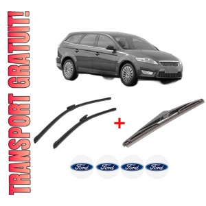 Set 3 stergatoare FORD MONDEO IV Turnier (BA7) din 2007 - 2015, pentru parbriz si luneta fata si spate auto, Bosch Twin, din cauciuc siliconat rezistent, 4 Stickere Auto FORD