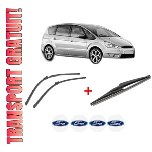 Set 3 stergatoare FORD S-MAX (WA6) din 2006 - 2014, pentru parbriz si luneta fata si spate auto, Valeo Silencio, din cauciuc siliconat rezistent, 4 Stickere Auto FORD