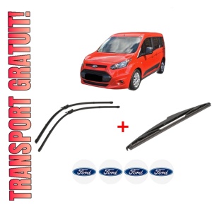 Set 3 stergatoare FORD TOURNEO CONNECT / GRAND TOURNEO CONNECT V408 MPV din 2013 - 2022, pentru parbriz si luneta fata si spate auto, Valeo Silencio, din cauciuc siliconat rezistent, 4 Stickere Auto FORD