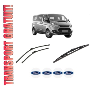 Set 3 stergatoare FORD TOURNEO CUSTOM V362 Bus (F3) din 2012-2023, pentru parbriz si luneta fata si spate auto, Bosch Twin-Aerotwin, din cauciuc siliconat rezistent, 4 Stickere Auto FORD
