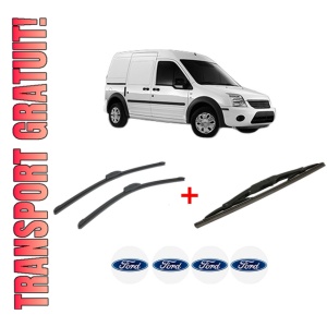 Set 3 stergatoare FORD TRANSIT CONNECT (P65_, P70_, P80_) din 2002 - 2013, pentru parbriz si luneta fata si spate auto, Bosch Twin, din cauciuc siliconat rezistent, 4 Stickere Auto FORD