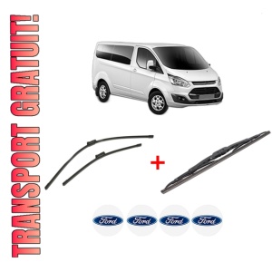 Set 3 stergatoare FORD TRANSIT CUSTOM V362 Bus (F3) din 2012 - 2023, pentru parbriz si luneta fata si spate auto, Bosch Twin, din cauciuc siliconat rezistent, 4 Stickere Auto FORD