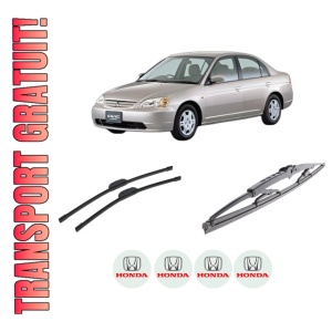 Set 3 stergatoare HONDA CIVIC VII Saloon (ES, ET) din 2001-2005, pentru parbriz si luneta fata si spate auto, Bosch Twin-Aerotwin Retrofit, din cauciuc siliconat rezistent, 4 Stickere Auto HONDA