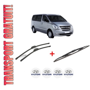 Set 3 stergatoare HYUNDAI H-1 Travel (TQ) din 2008, pentru parbriz si luneta fata si spate auto, Bosch Twin, din cauciuc siliconat rezistent, 4 Stickere Auto HYUNDAI