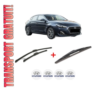 Set 3 stergatoare HYUNDAI i30 FASTBACK (PDE, PDEN) din 2017 - 2022, pentru parbriz si luneta fata si spate auto, Bosch Twin, din cauciuc siliconat rezistent, 4 Stickere Auto HYUNDAI