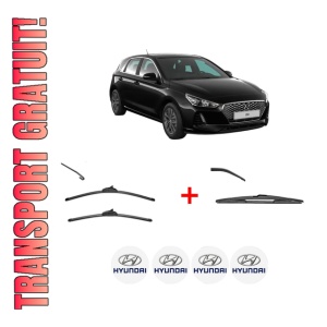 Set 3 stergatoare HYUNDAI i30 (PDE, PD, PDEN) din 2016 - 2020, pentru parbriz si luneta fata si spate auto, Valeo Silencio, din cauciuc siliconat rezistent, 4 Stickere Auto HYUNDAI