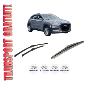 Set 3 stergatoare HYUNDAI KONA (OS, OSE, OSI) din 2017-2023, pentru parbriz si luneta fata si spate auto, Bosch Twin-Aerotwin Retrofit, din cauciuc siliconat rezistent, 4 Stickere Auto HYUNDAI