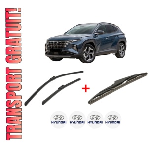 Set 3 stergatoare HYUNDAI TUCSON (NX4E, NX4A) din 2020, pentru parbriz si luneta fata si spate auto, Bosch Twin, din cauciuc siliconat rezistent, 4 Stickere Auto HYUNDAI
