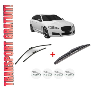 Set 3 stergatoare JAGUAR XF SPORTBRAKE (X260) din 2017, pentru parbriz si luneta fata si spate auto, Bosch Twin, din cauciuc siliconat rezistent, 4 Stickere Auto JAGUAR