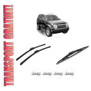 Set 3 stergatoare JEEP CHEROKEE (KJ) din 2001-2008, pentru parbriz si luneta fata si spate auto, Bosch Twin-Aerotwin Retrofit, din cauciuc siliconat rezistent, 4 Stickere Auto JEEP