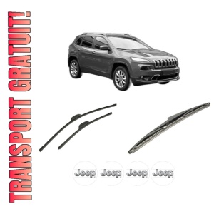 Set 3 stergatoare JEEP CHEROKEE (KL) din 2013-2018, pentru parbriz si luneta fata si spate auto, Bosch Twin-Aerotwin Retrofit, din cauciuc siliconat rezistent, 4 Stickere Auto JEEP