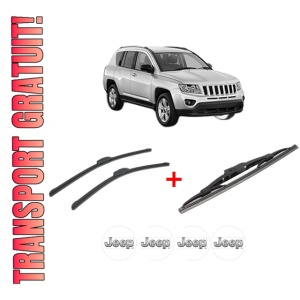 Set 3 stergatoare JEEP COMPASS (MK49) din 2006, pentru parbriz si luneta fata si spate auto, Bosch Twin, din cauciuc siliconat rezistent, 4 Stickere Auto JEEP