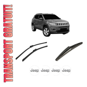 Set 3 stergatoare JEEP COMPASS (MP, M6, MV, M7) din 2016-2022, pentru parbriz si luneta fata si spate auto, Bosch Twin-Aerotwin, din cauciuc siliconat rezistent, 4 Stickere Auto JEEP