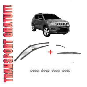 Set 3 stergatoare JEEP COMPASS (MP, M6, MV, M7) din 2016, pentru parbriz si luneta fata si spate auto, Valeo Silencio, din cauciuc siliconat rezistent, 4 Stickere Auto JEEP