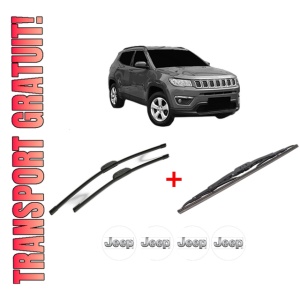 Set 3 stergatoare JEEP COMPASS (MP, M6, MV, M7) din 2016, pentru parbriz si luneta fata si spate auto, Bosch Twin, din cauciuc siliconat rezistent, 4 Stickere Auto JEEP