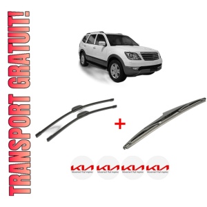 Set 3 stergatoare KIA BORREGO (HM) din 2007, pentru parbriz si luneta fata si spate auto, Bosch Twin, din cauciuc siliconat rezistent, 4 Stickere Auto KIA