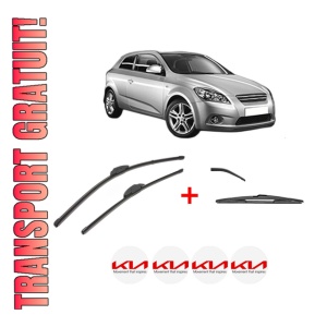 Set 3 stergatoare KIA CEE'D Hatchback (ED) din 2006 - 2012, pentru parbriz si luneta fata si spate auto, Valeo Silencio, din cauciuc siliconat rezistent, 4 Stickere Auto KIA