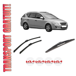 Set 3 stergatoare KIA CEE'D SW (ED) din 2007-2012, pentru parbriz si luneta fata si spate auto, Bosch Twin-Aerotwin, din cauciuc siliconat rezistent, 4 Stickere Auto KIA