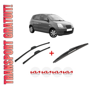 Set 3 stergatoare KIA PICANTO I (SA) din 2004 - 2011, pentru parbriz si luneta fata si spate auto, Bosch Twin, din cauciuc siliconat rezistent, 4 Stickere Auto KIA