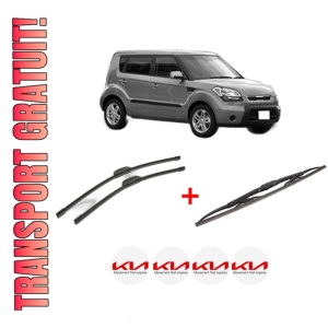 Set 3 stergatoare KIA SOUL I (AM) din 2009 - 2014, pentru parbriz si luneta fata si spate auto, Bosch Twin, din cauciuc siliconat rezistent, 4 Stickere Auto KIA