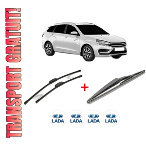 Set 3 stergatoare LADA VESTA SW Estate (GFK_) din 2023, pentru parbriz si luneta fata si spate auto, Bosch Twin, din cauciuc siliconat rezistent, 4 Stickere Auto LADA