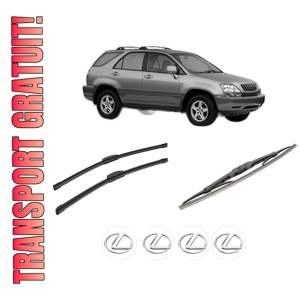 Set 3 stergatoare LEXUS RX (MCU15) din 1998-2003, pentru parbriz si luneta fata si spate auto, Bosch Twin-Aerotwin Retrofit, din cauciuc siliconat rezistent, 4 Stickere Auto LEXUS