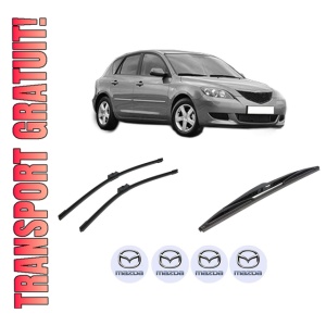 Set 3 stergatoare MAZDA 3 (BK) din 2003-2009, pentru parbriz si luneta fata si spate auto, Bosch Twin-Aerotwin, din cauciuc siliconat rezistent, 4 Stickere Auto MAZDA
