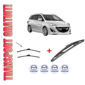 Set 3 stergatoare MAZDA 5 (CW) din 2010, pentru parbriz si luneta fata si spate auto, Valeo Silencio, din cauciuc siliconat rezistent, 4 Stickere Auto MAZDA