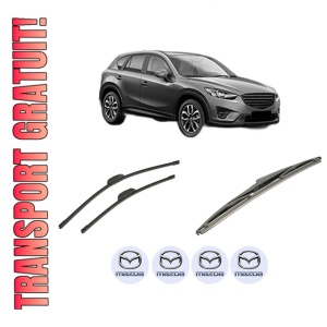 Set 3 stergatoare MAZDA CX-5 (KE, GH) din 2011-2017, pentru parbriz si luneta fata si spate auto, Bosch Twin-Aerotwin, din cauciuc siliconat rezistent, 4 Stickere Auto MAZDA