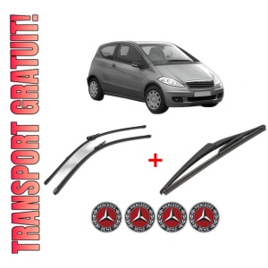 Set 3 stergatoare MERCEDES-BENZ A-CLASS (W169) din 2004 - 2012, pentru parbriz si luneta fata si spate auto, Valeo Silencio, din cauciuc siliconat rezistent, 4 Stickere Auto MERCEDES-BENZ