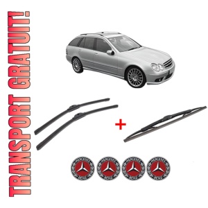 Set 3 stergatoare MERCEDES-BENZ C-CLASS T-Model (S203) din 2001 - 2007, pentru parbriz si luneta fata si spate auto, Bosch Twin, din cauciuc siliconat rezistent, 4 Stickere Auto MERCEDES-BENZ