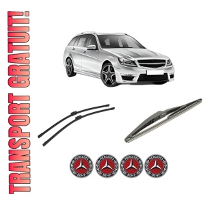 Set 3 stergatoare MERCEDES-BENZ C-CLASS T-Model (S204) din 2007-2014, pentru parbriz si luneta fata si spate auto, Bosch Twin-Aerotwin, din cauciuc siliconat rezistent, 4 Stickere Auto MERCEDES-BENZ